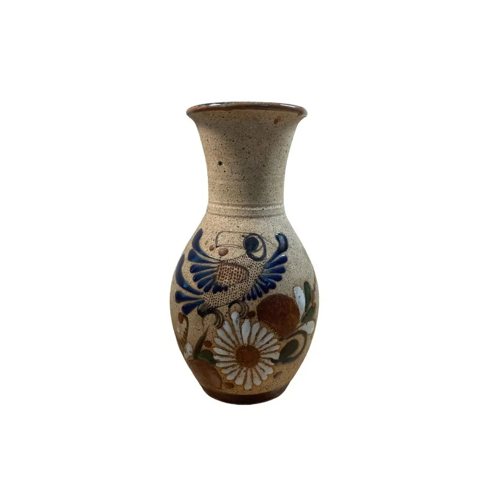 Tonala Mexican Folk Art Stoneware Pottery Vase Parrot Bird Handmade Handpainted